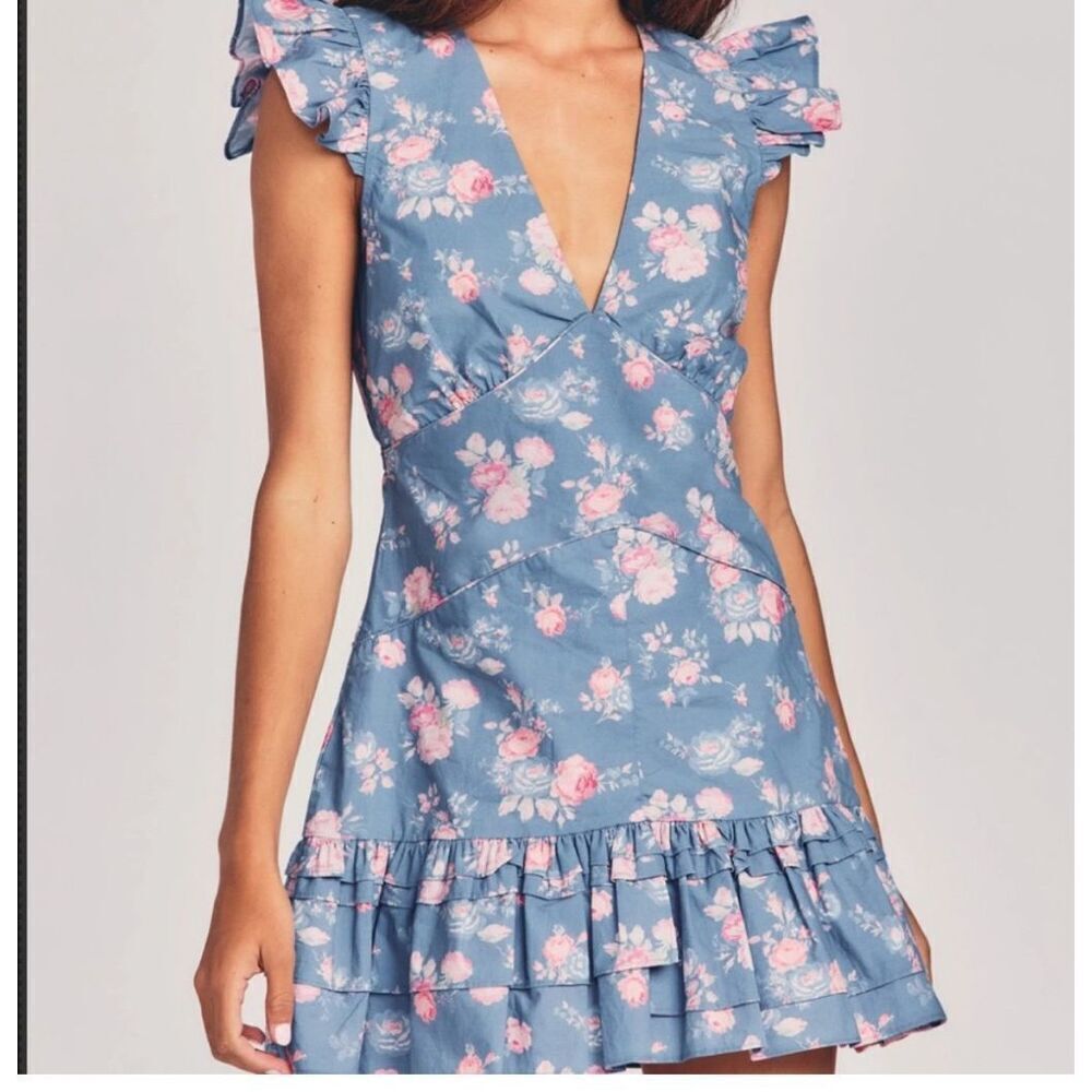 NWT LoveShackFancy Arthur‎ Blue Floral Mini Dress Flutter Sleeve Ruffled Size 6